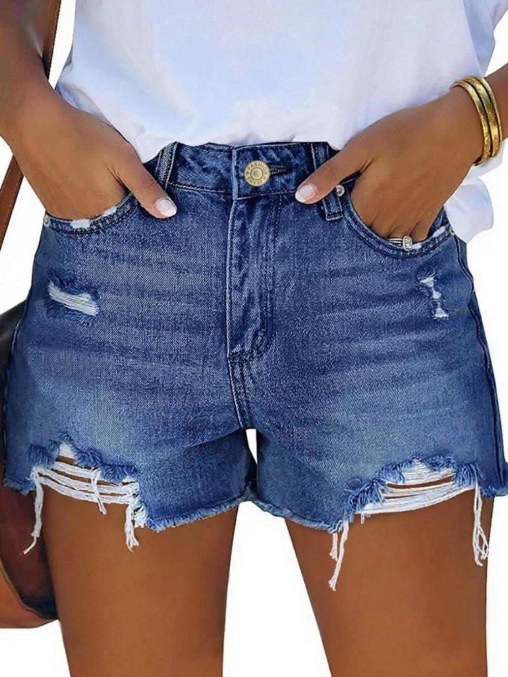 Mid Rise Stretchy Distressed Cut Off Denim Shorts for Women - Ripped Jean Style